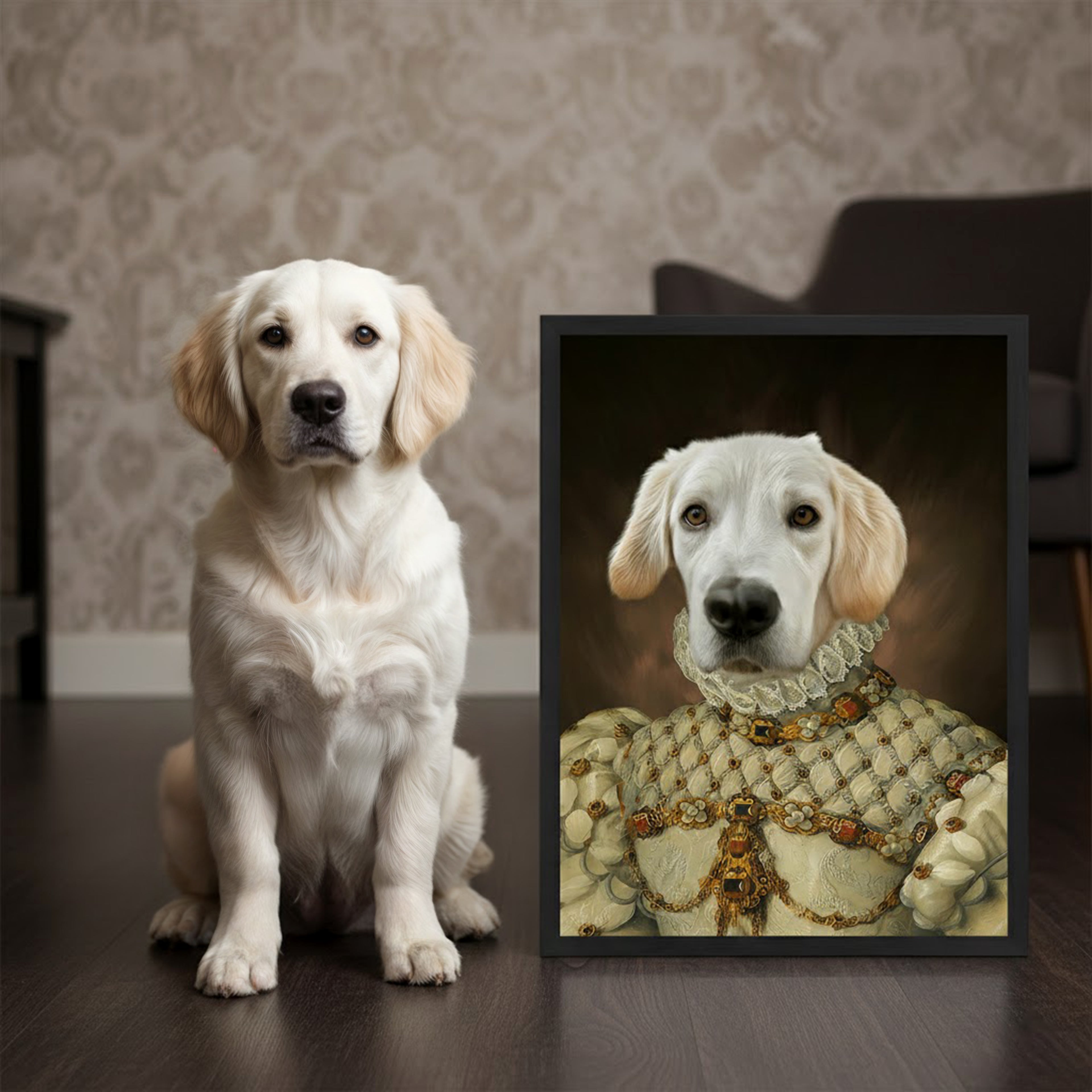 Golden Elegance – Royal Pet Portrait	Gyllene Elegans – Kungligt Husdjursporträtt
