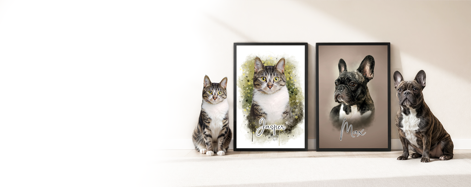 Three framed pet portraits on a white surface with promotional text about personalized pet art.